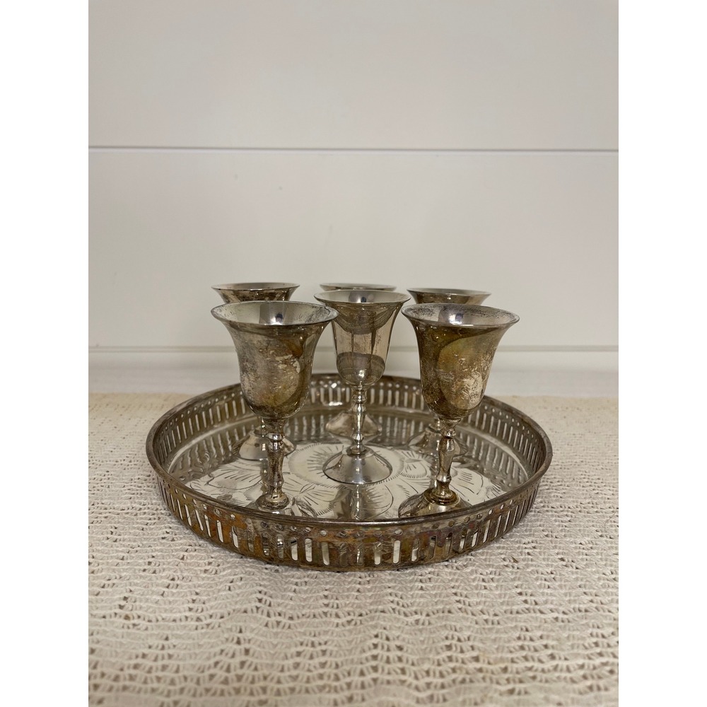 Vintage Silver Plated Cordial Goblet Set 6 Pieces with Etched Gallery Tray